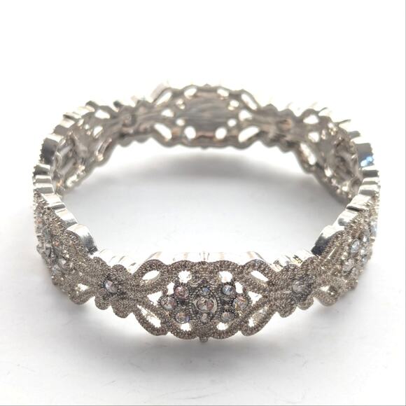 Silver Tone Ornate Regal Scrolling Rhinestone Stretch Cuff Evening Bracelet - Picture 1 of 4